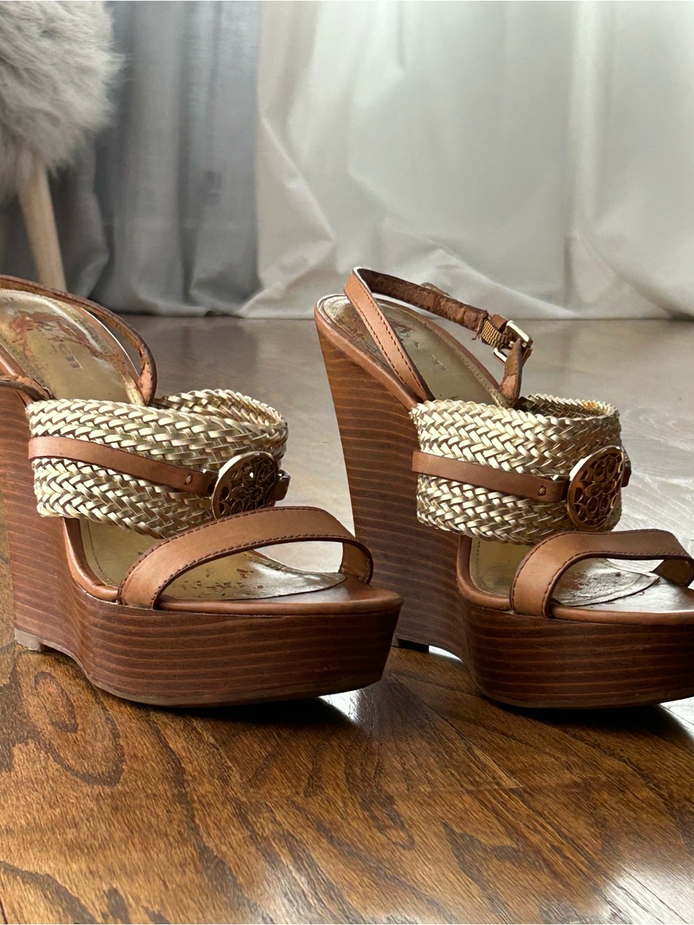 Coach Brown Wedge Sandals with Gold Details